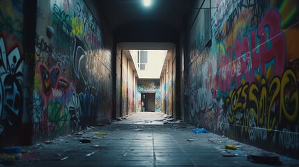 Street with colorful graffiti on the wall, Generative Ai
