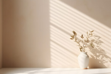 Minimalistic abstract light beige background with  gentle with light and shadow from the window and vegetation or little tree or bonsai on the wall