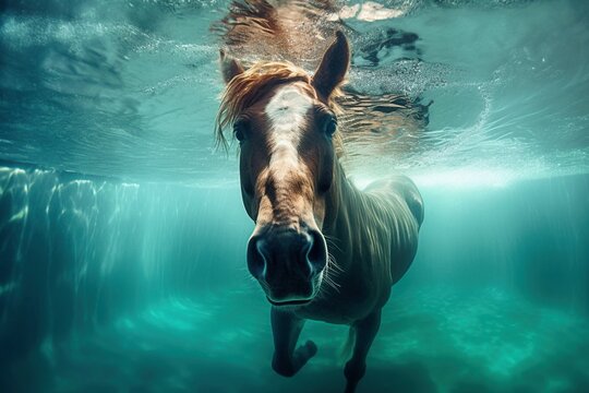 Majestic Chestnut Horse Swimming Underwater in a Clear Blue Pool with Light Rays Reflecting on the Surface