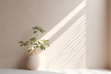 Minimalistic abstract light beige background with  gentle with light and shadow from the window and vegetation or little tree or bonsai on the wall
