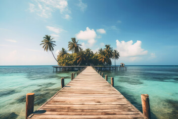 Fototapeta premium Wooden pier leading to tropical paradise island with palm trees, beautiful blue sky and turquoise ocean. Generative AI.