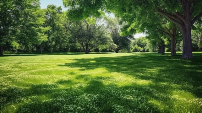 Beautiful wide format image of a manicured country lawn surrounded by trees and shrubs on a bright summer day. Spring summer nature