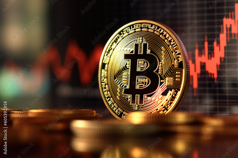 Poster virtual cryptocurrency concept. bitcoin against stock market chart background. blockchain technology
