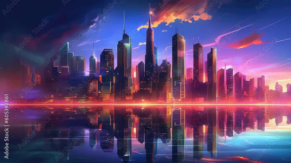 Poster skyline with neon colored city at night. cityscape with reflection in river. futuristic cyberpank ba