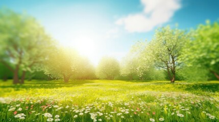 Beautiful blurred spring background nature with blooming glade, trees and blue sky on a sunny day