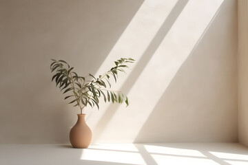 Minimalistic abstract light beige background with  gentle with light and shadow from the window and vegetation or little tree or bonsai on the wall