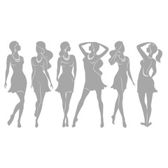 Collection. Silhouette of a woman. The girl is slender and beautiful. Lady is suitable for decor, posters, stickers, logo. Vector illustration set