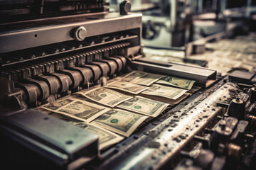 Process of printing dollar banknotes. Printing machine prints money. Economic and finance concept. Created with Generative AI