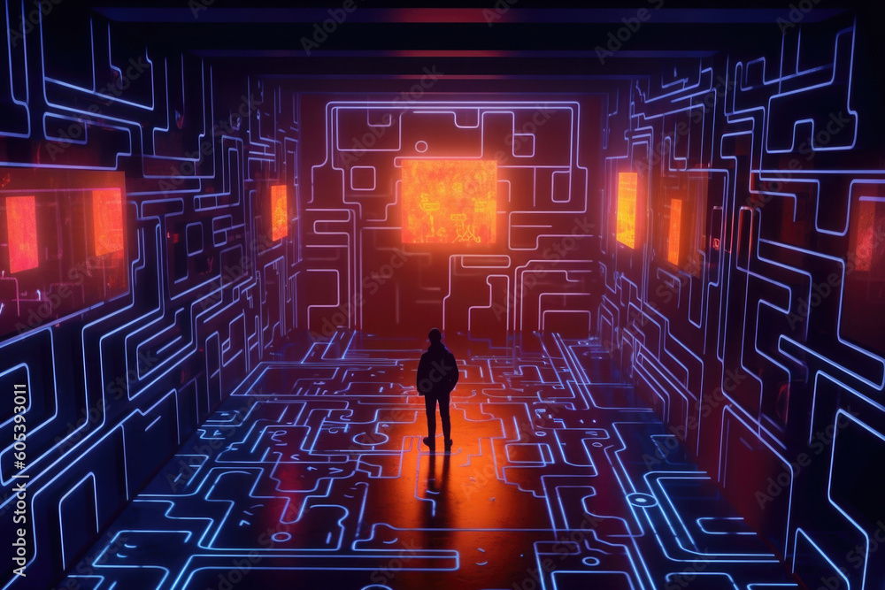 Aufkleber person find exit from labyrinth in digital world. human silhouette lost in futuristic technology maz