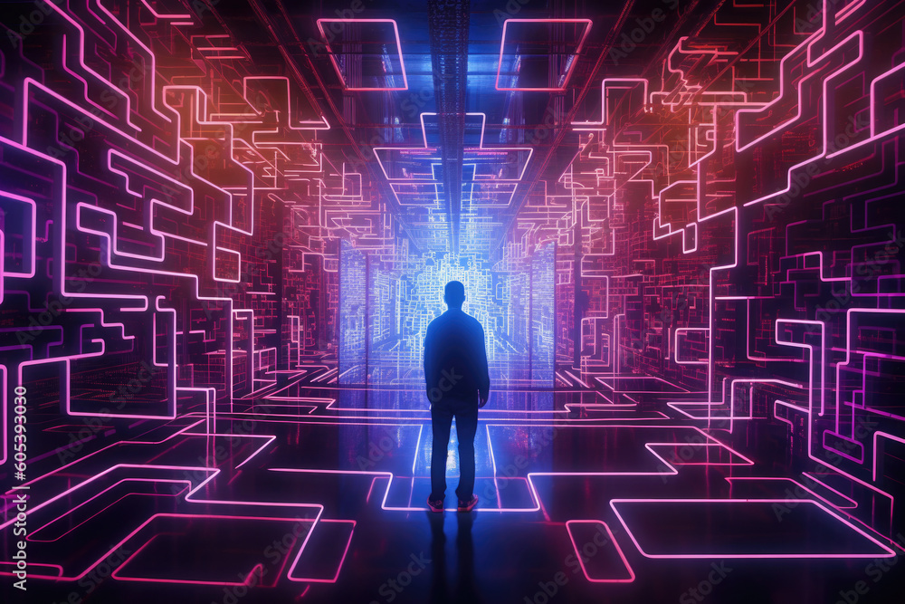 Poster person find exit from labyrinth in digital world. human silhouette lost in futuristic technology maz