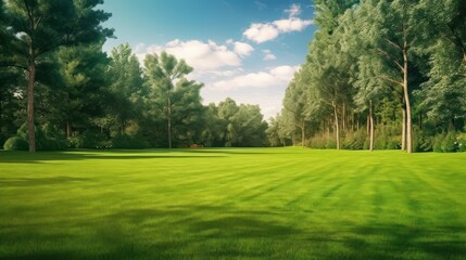 Obraz premium Beautiful wide format image of a manicured country lawn surrounded by trees and shrubs on a bright summer day. Spring summer nature
