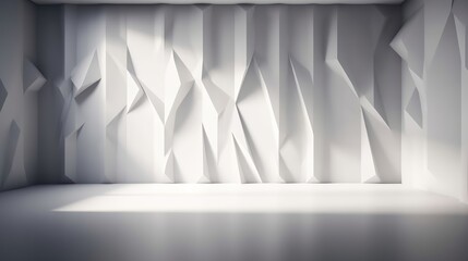 Empty light and dark interior background. White geometrically textured 3D empty wall and smooth light floor with beautiful lighting