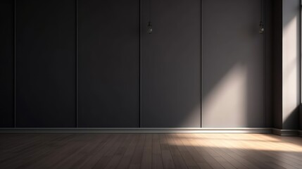 Empty light dark wall with beautiful chiaroscuro and wooden floor. Minimalist background for product presentation, mock up