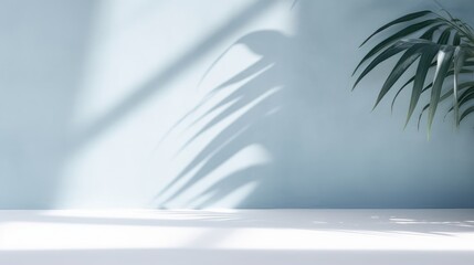 Minimal abstract light blue background for product presentation. Shadow of tropical leaves and curtains window on plaster wall