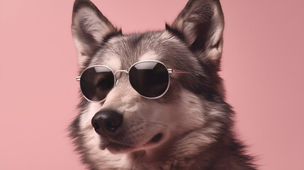 Gray Wolf wearing shades of sunglass on pink studio background. Generative AI	