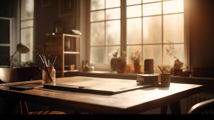 Wooden table on windows background. Generative Ai