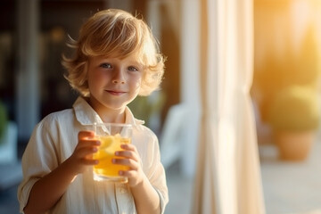 child drinking orange juice, lemonade - obrazy, fototapety, plakaty