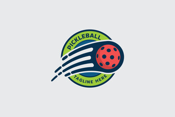 Naklejka premium pickleball logo with a combination of a moving ball, swooshes and emblem shape for any business.