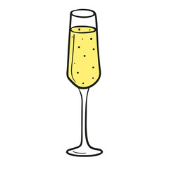 Vector icon of champagne glass with bubbles hand drawn in doodle style. Celebration elements