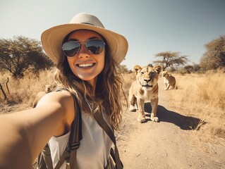 Urlaub in Afrika, glückliche Frau mit Selfie am Löwe, generative AI.