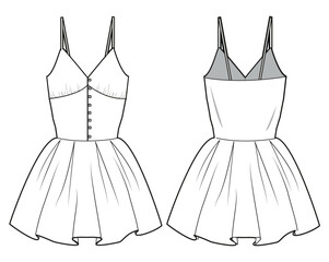 Empire Line Body Shape Strap Skater Dress Front and Back View. Fashion Illustration, Vector, CAD, Technical Drawing, Flat Drawing, Template, Mockup.
