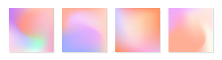 Obraz premium Vector set of mesh gradient backgrounds in peach and purple colors.Copy space for text.Abstract iridescent illustrations in y2k aesthetic.Modern templates for banners,branding,social media,covers.