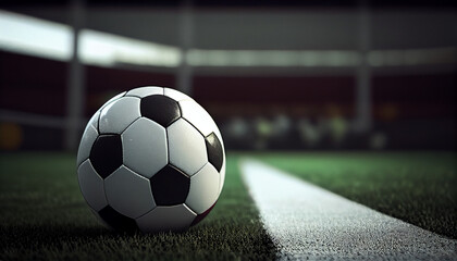 Fototapeta premium soccer ball on the white line_at Soccer field Stadium Ai generated image