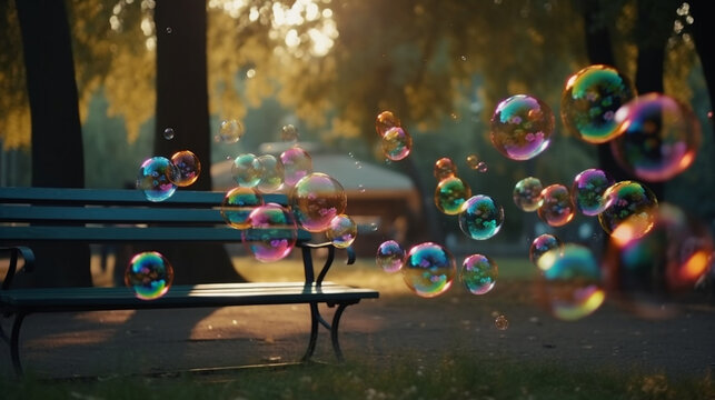 Shining soap bubbles in the park. Generative Ai