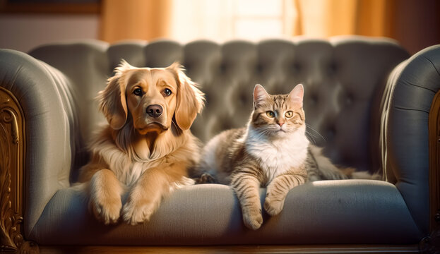 A dog and cat are playing  relaxing on a couch. Generative Ai Illustration.