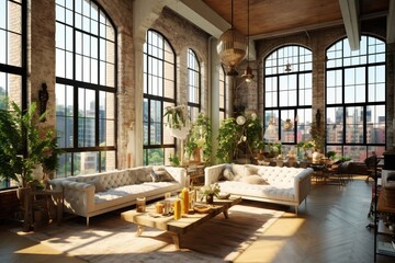 Fototapeta na wymiar Classy spacious new york living room loft apartment very bright room with full height windows - Generative AI