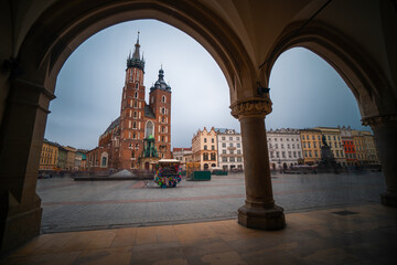 Old town square with Basillica of Sint Mary in Krakow, Poland.