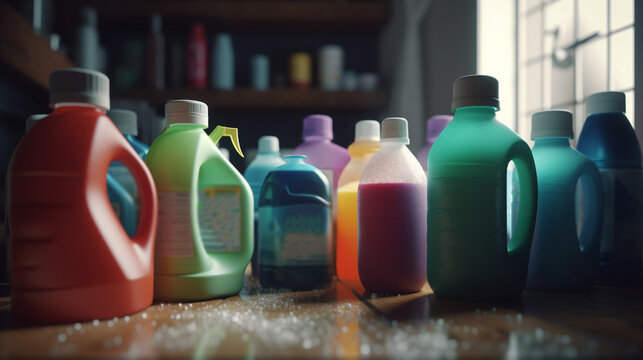 Chemicals bottles. Household equipment. Generative Ai