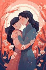 An illustration of a mom and daughter hugging for Mother's Day. (Generative AI)