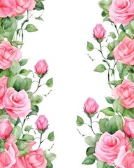 The border is a wedding/greeting illustration of pink roses and green leaves. (Generative AI)