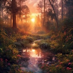 Fototapeta premium The forest at sunrise. (Generative AI)