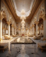 Fototapeta premium A golden luxury palace with white marble and furnishings inside. (Generative AI)