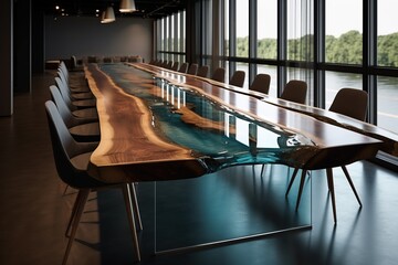 Empty modern meeting room with a long river table and chairs - Generative AI - obrazy, fototapety, plakaty
