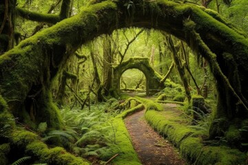A mossy tunnel leads through a lush green forest. (Generative AI)