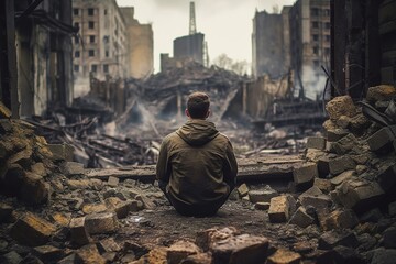 Prayer amidst devastation, soldier finds solace in the ruins of war - obrazy, fototapety, plakaty