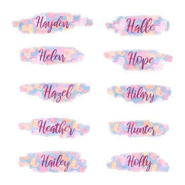 baby girl names that start with letter H, stickers, USA, labels with heart pattern background, isolated, extracted, png file