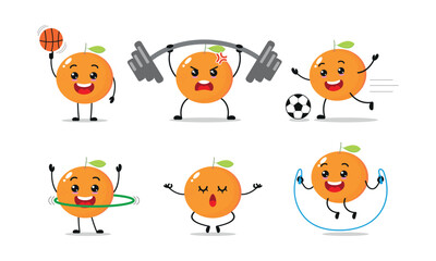 Fototapeta premium Orange Exercise Different Sport Activity Vector Illustration Sticker. Tangerine Many Face Expression Set.