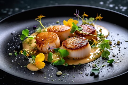 seared scallops with sauce and petals in metal plate - Generative AI