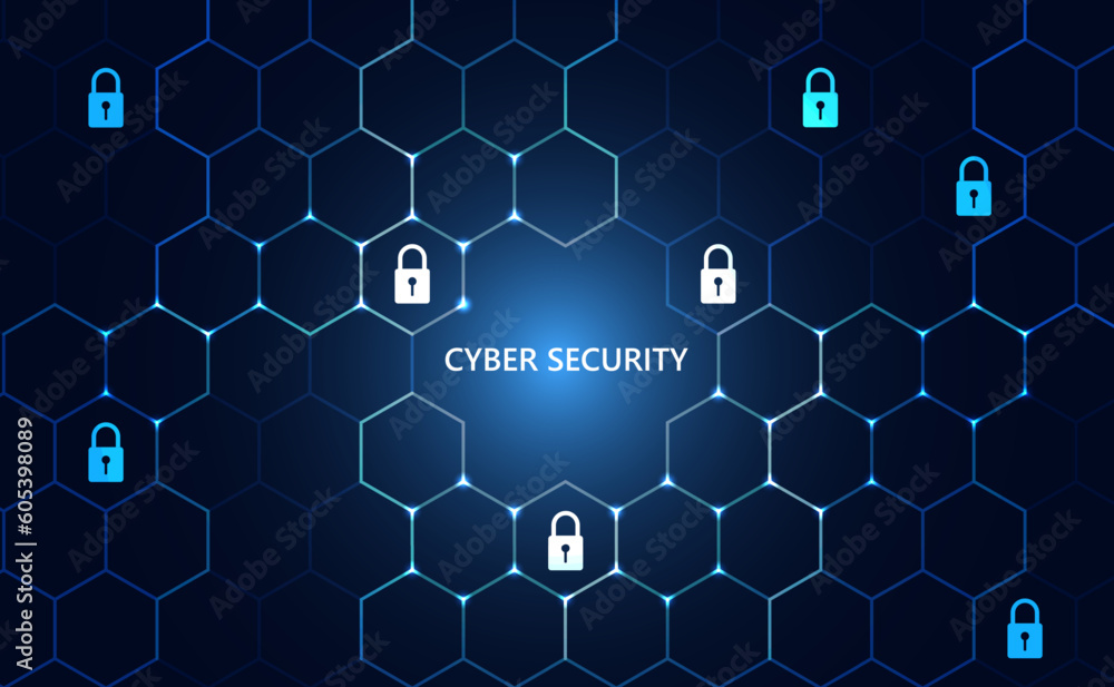 Poster concept of cyber security padlock on hexagonal grid blue background beautiful