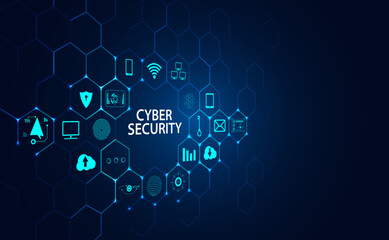 Cyber security concept, padlock and icons on hexagonal grid, blue background, beautiful, futuristic