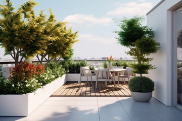 Fototapeta na wymiar Panoramic view of modern rooftop terrace with hardwood floors, plants, brick fence and white patio furniture - Generative AI