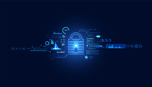 abstract circle digital cyber security hud interface padlock connection and communication futuristic on blue background.