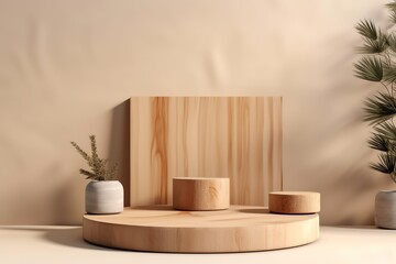 Wood pedestal podium for products display with nature leaves on cozy warm light background - Generative AI