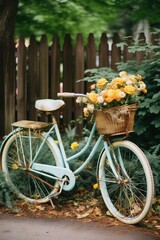 Fototapeta na wymiar Vintage bicycle with basket full of flowers standing in front of the fence - Generative AI