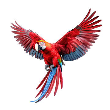 Scarlet macaw parrot flying isolated on transparent background Generative AI