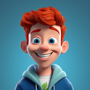 A cheerful cartoon portrait of a generic red head boy with captivating blue eyes. Generative AI. Digital Art Illustration